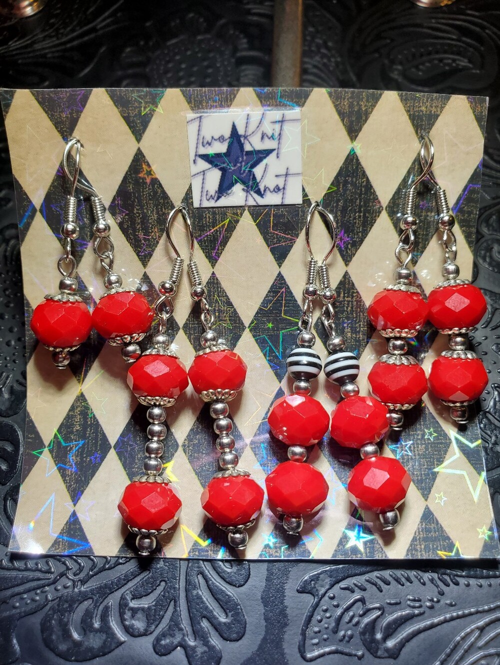 4 Pack - Cherry Red And Silver Faceted Dangle Earrings With Striped Bead Jewelry